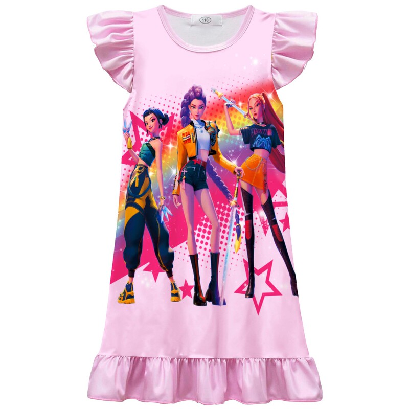新款跨境 K-POP:猎魔女团印花服装 中大童飞飞袖荷叶边睡裙82570|undefined