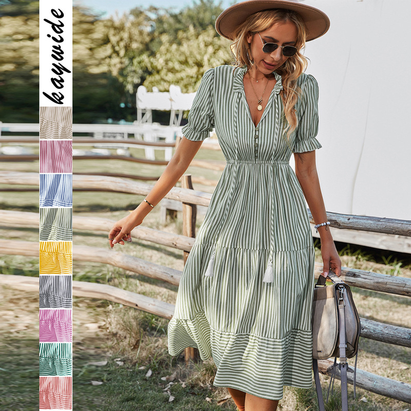 Self-Developed Short-Sleeve Design European and American Fashion Women's Dress 2026 Summer Amazon Striped Elegant Style