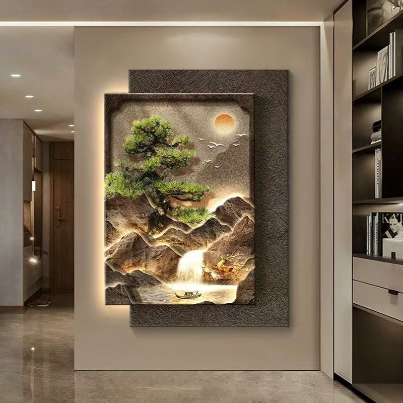 無垢材の玄関ホール装飾絵画新しい中国風のテクスチャ廊下わびさびフレームレス発光ハイエンドエンド吊り絵画|undefined