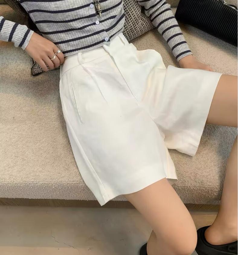 Quần short nữ vải lanh phối cotton dáng rộng ống suông mùa hè — màu trắng chi tiết 5