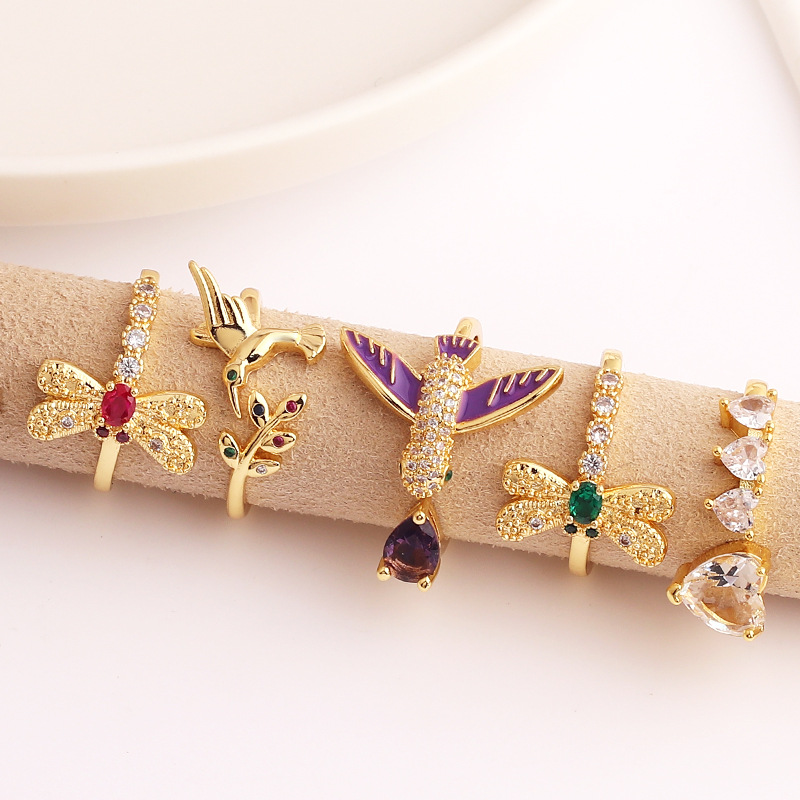 Fashion Animal Heart Shape Copper Gold Plated Zircon Open Ring