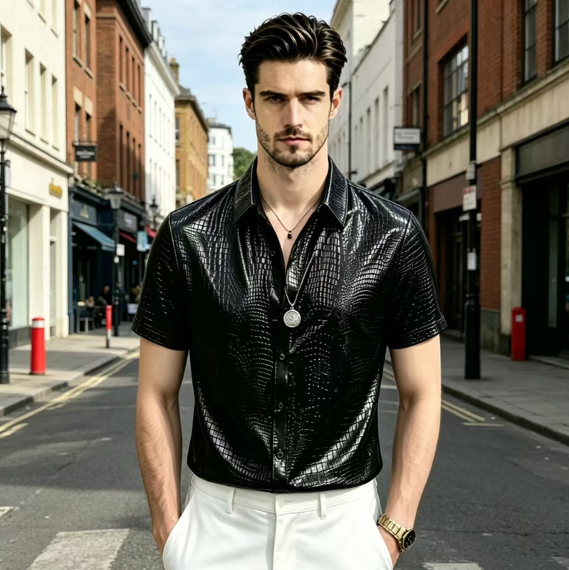2026 Summer Fashion Glossy Crocodile Pattern Men's Short Sleeve Shirt Korean Style Trendy Casual Lapel Men's Top