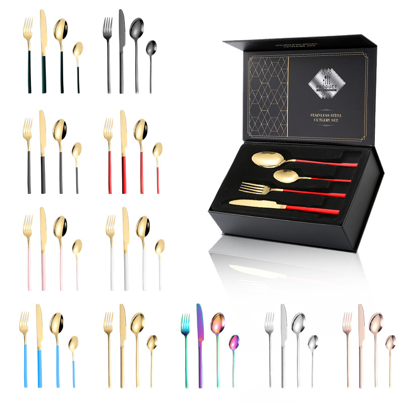 Amazon Venta caliente vajilla de acero inoxidable 24 piezas traje transfronterizo producto Caballero 4 piezas principales cuchillo de comida occidental, tenedor y cuchara traje