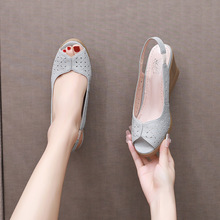 2024新款镂空高跟凉鞋女坡跟牛筋底防滑打孔透气特小码33