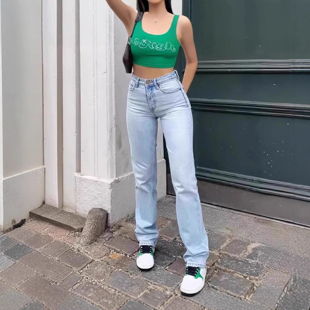 크로스보더 유럽 및 미국 스타일 슬림핏 솔리드 컬러 워싱 하이웨이스트 스트레치 스트레이트 데님 팬츠 여성용