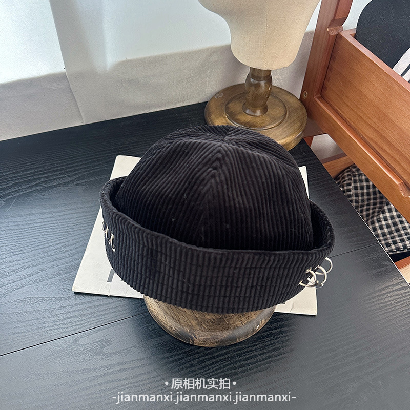 金属小圈装饰可两戴翻檐圆顶后开叉黑色灯芯绒Y2K辣妹盆帽渔夫帽|undefined