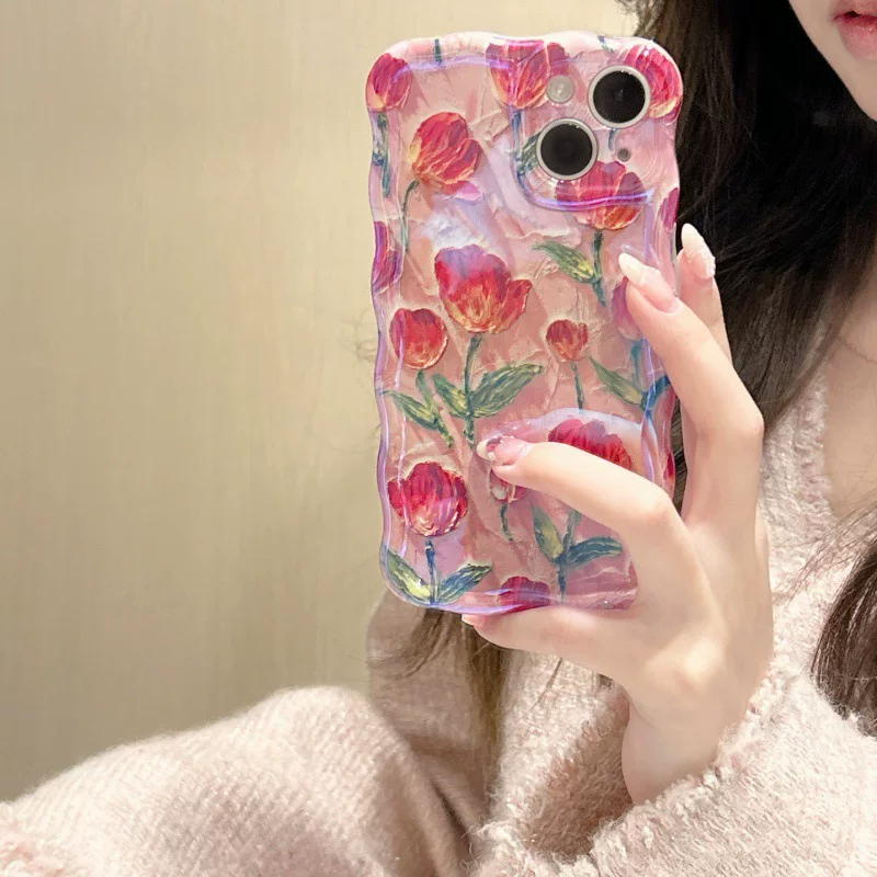 Защитный глянцевый чехол для телефона, совместим с iPhone 12–15, полноэкранный принт тюльпанов