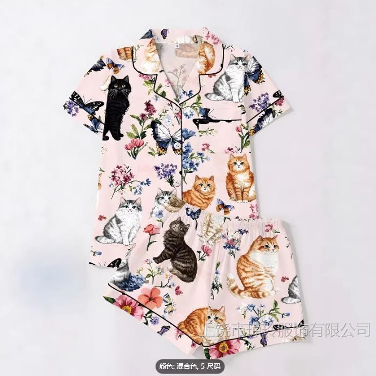 亚马逊跨境新品女士居家衬衫卡通3D数码印花短袖短裤厂销 女装厂家批发实拍图