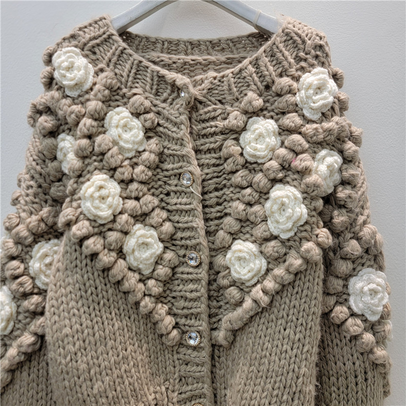 Aguja de barra pesada línea gruesa hecha a mano marca flor estereoscópica flor bola de punto cardigans abrigo suéter grueso image 3