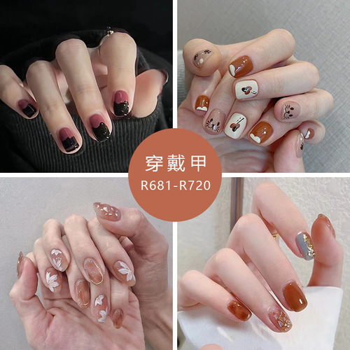 Simple and cute little fragrance autumn and winter style wearable nails affordable hot selling nail art tablets caramel amber finished fake nails