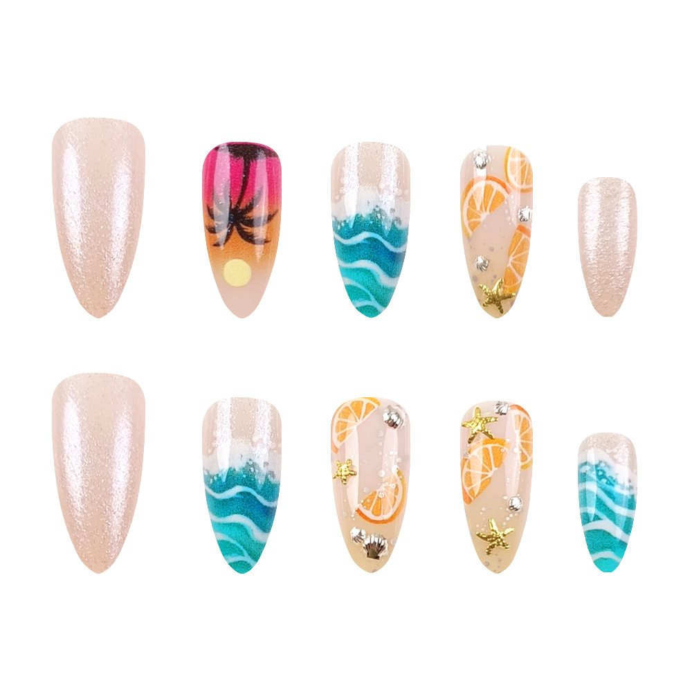 Transfronterizos tridimensionales conchas de diamante de uñas de vacaciones de verano, 24 piezas de uñas falsas calientes mezcladas