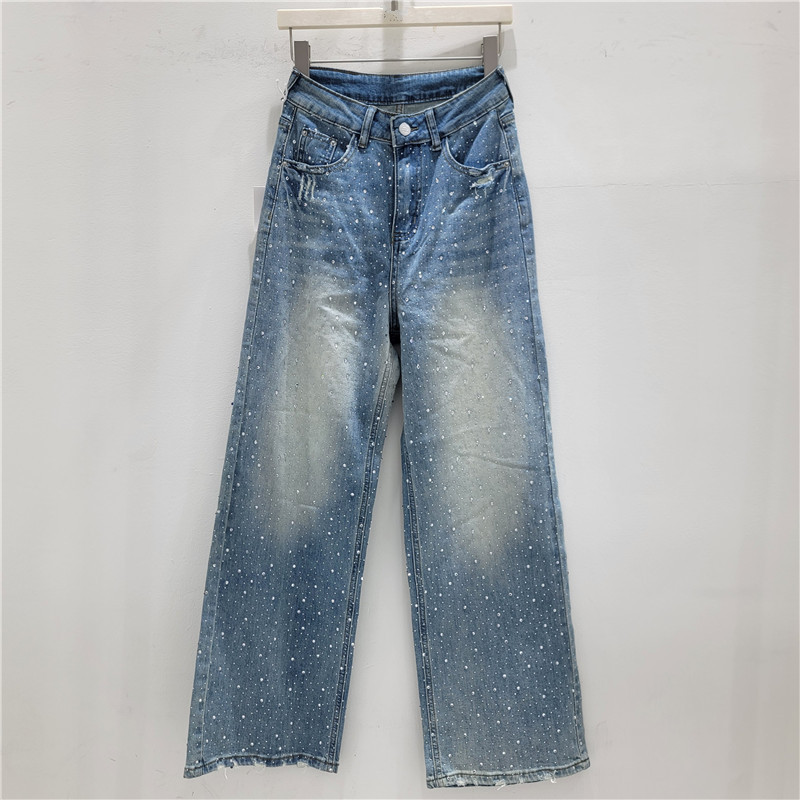 Pantalones Mezclilla Anchos con Pedrería de Mezclilla, Efecto Lavado, para Verano