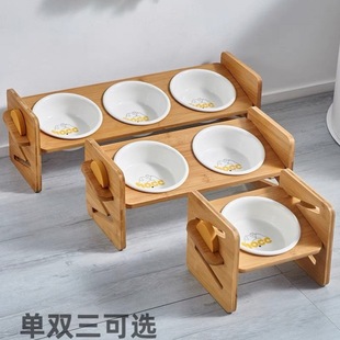 Cross-border bamboo pet bowl solid wood frame ceramic double bowl design rice and water integrated neck protection cat bowl wooden anti-beating