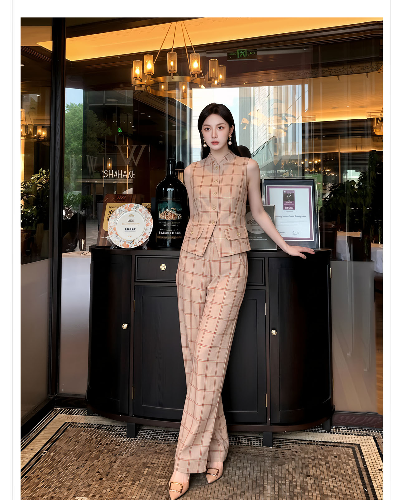 Bộ áo gile + quần dài nữ họa tiết kẻ caro thiết kế cổ điển, cài khuy vải, phối quần ống rộng — bộ đồ, Trang chủ, Quần dài chi tiết 5