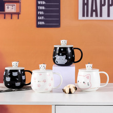 创意可爱猫咪卡通马克杯礼品个性咖啡杯带盖勺黑白萌宠陶瓷喝水杯