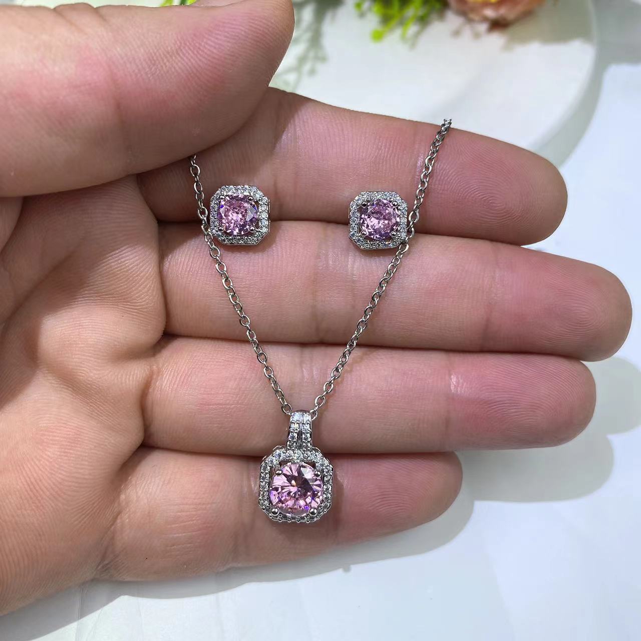 Copper Material Geometric Pattern Korean Style Geometric Copper Zircon Pendant Necklace Ear Studs 1 Set
