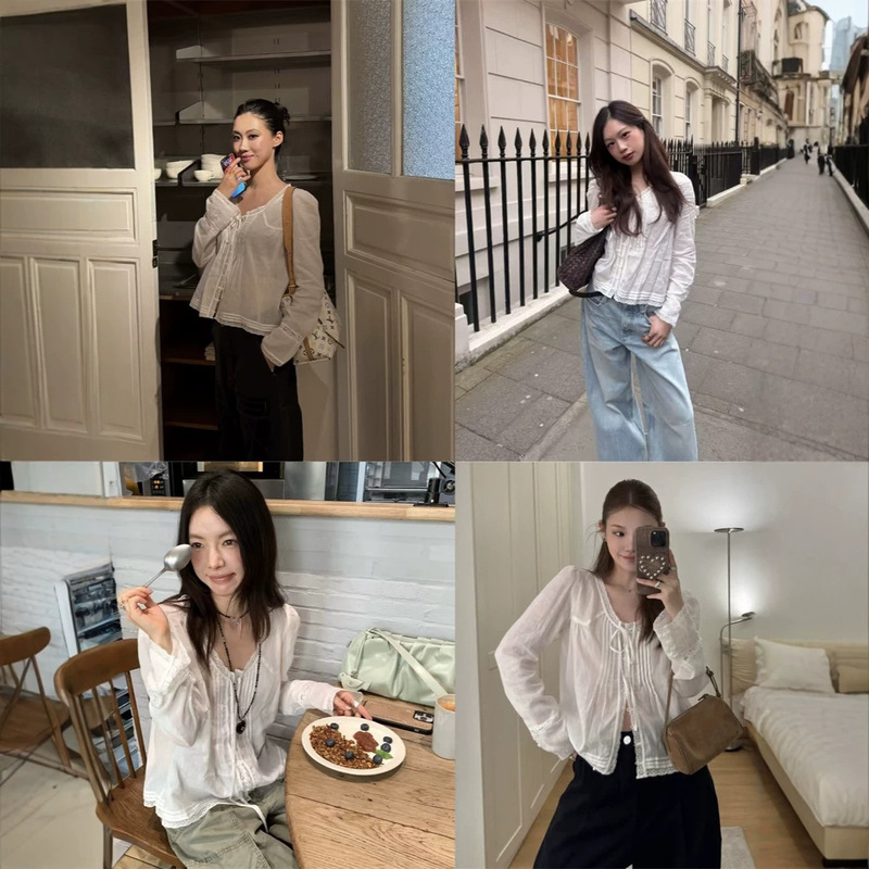 Little Bun Heart/Dong Linjun/Lu Ying Ivy Same Style Ramie Tencel Lace Round Neck Tie White Shirt for Women