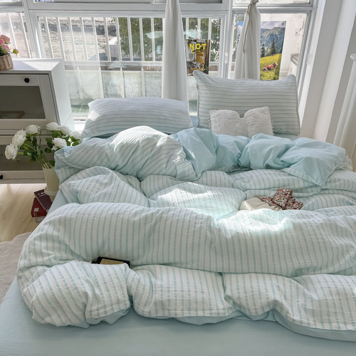 Small fresh seersucker 100 washed cotton bed four-piece set ins style bed sheet quilt cover dormitory three-piece bedding set