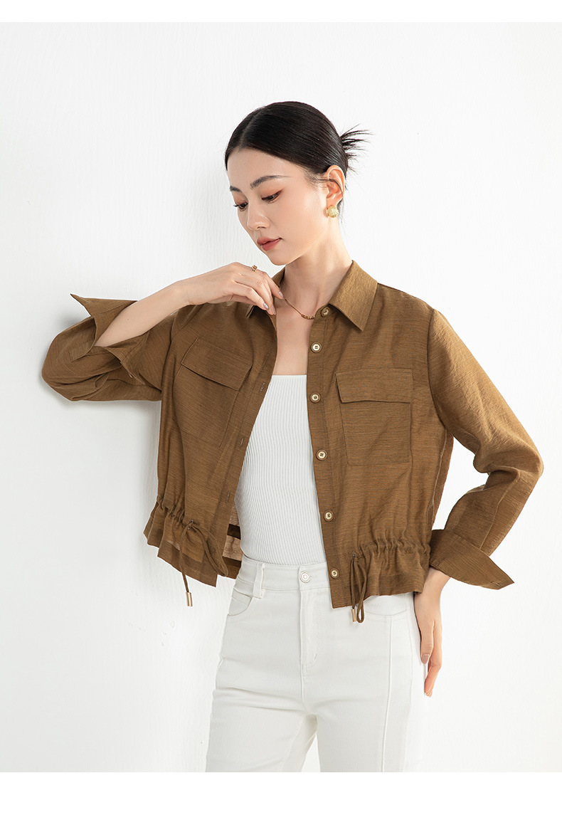 Áo khoác chống nắng nữ dáng dài tay dài chất liệu Tencel mỏng nhẹ form ôm — Màu trắng be chi tiết 23