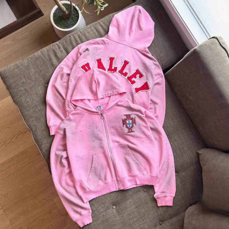 Cross-Border European and American Trendy Streetwear Brand Rhinestone Vintage Distressed Patch Letter Hoodie Zip-Up Sweatshirt Top Cross-Border European and American Trendy Streetwear Brand Rhinestone Vintage Distressed Patch Letter Hoodie Zip-Up Sweatshirt Top