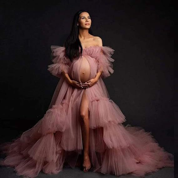 Women's Fluffy Tulle Robe Maternity Dress for Photoshoot Long Transparent Bridal Old Hollywood Floor-Length Elegant Fairy-Like