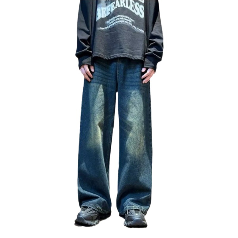 Calle drapeado pantalones vaqueros de pierna ancha Pantalones rectos sueltos de los hombres de la marca de moda lavada americana apenada pantalones largos Casuales