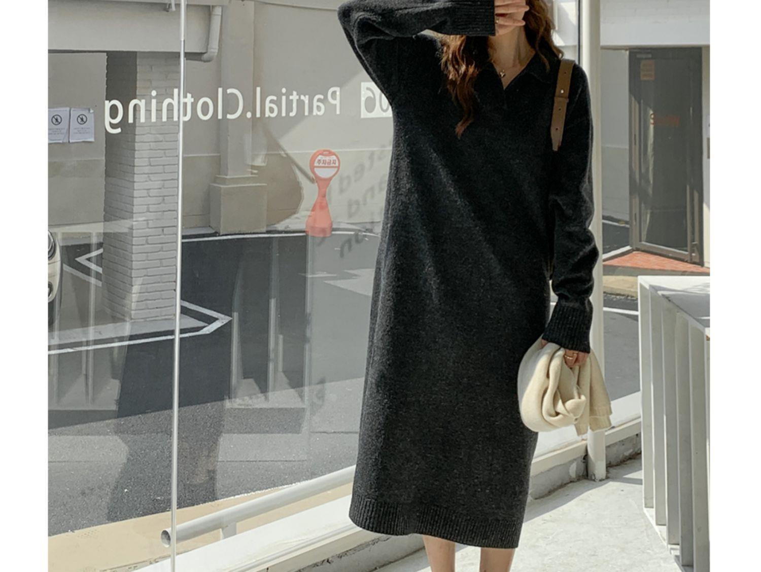 Polokragen Unterrock Herbst Winter, gepaart mit Mantel, lang knielang, fauler Stil, lockerer und dicker Pullover, gestrickt_voghion.com