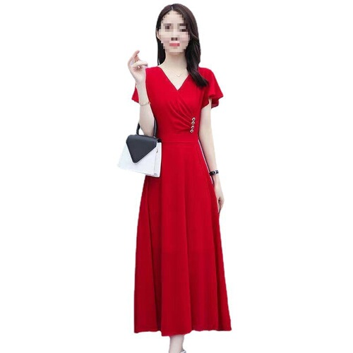 Fashionable dress New summer large-size women's clothes waist waist to show slimming temperament V-neck fashionable dress