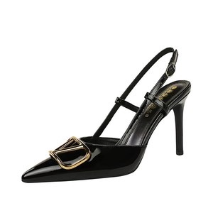 312-KJ117 European and American style metal V-buckle decoration pointed sexy straight buckle strap hollow thin heel fash