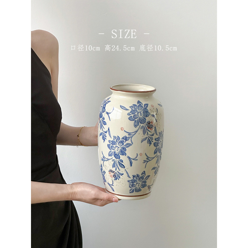 Nuevo jarrón de cerámica azul china nueva decoración de estilo chino sala de estar floral decoración de vestíbulo de estilo antiguo peonía floral