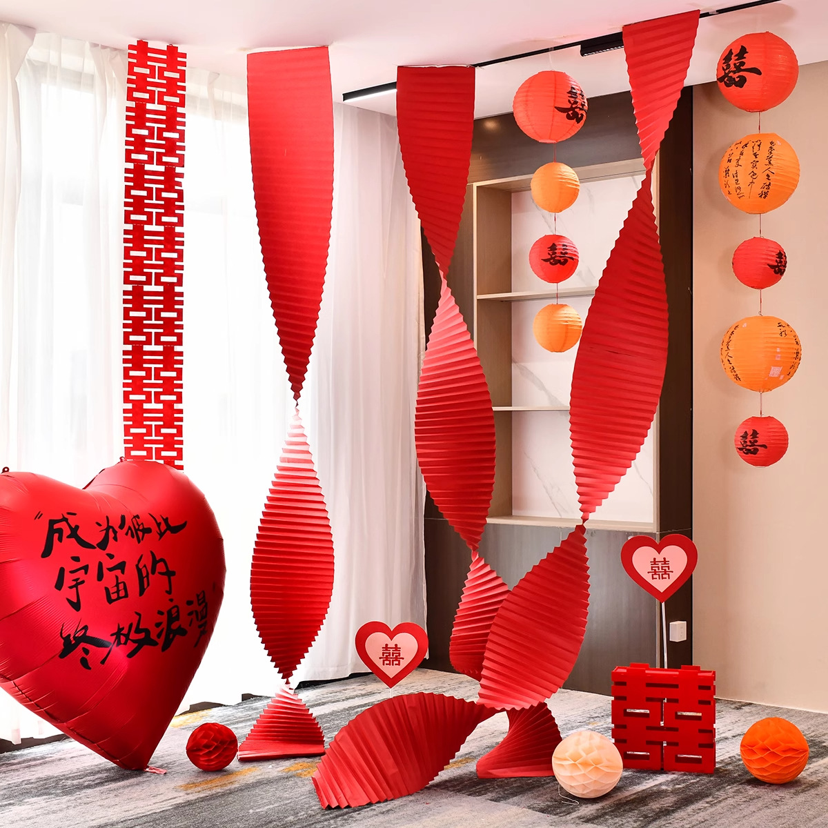 Papel corrugado largo de boda rojo decoración de fondo de escena de boda origami ondulado decoración de techo de sala de bodas de boda