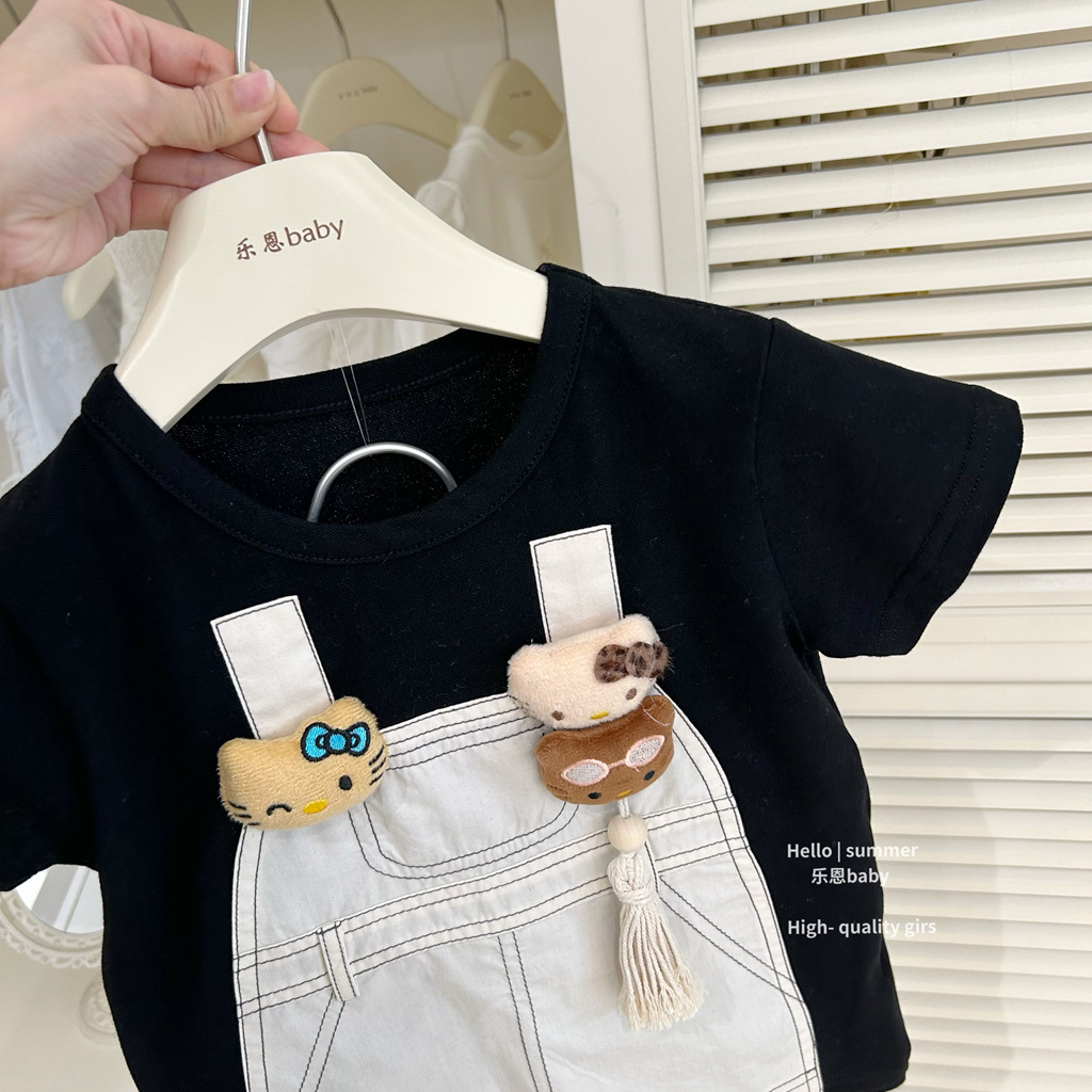 [Le En baby] 2025 primavera y verano niña falda de tirantes de dibujos animados falsa de dos piezas vestido de estilo occidental a juego falda linda