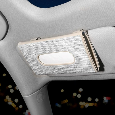 Car Sun Visor Tissue Box Leather Seat Back Diamond Tissue Holder Creative Fashion Women's Rhinestone Car Tissue Box (Car tissue box/set) - mipi-white-diamond
