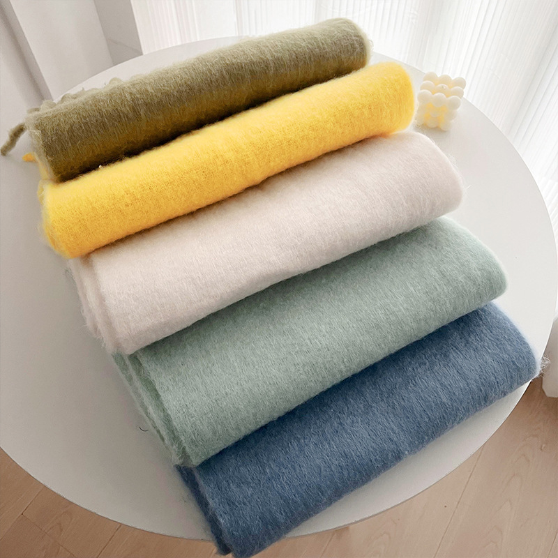 Solid color mohair with lazy style, soft fluffy solid color, big pull hair warm scarf for students and couples_voghion.com
