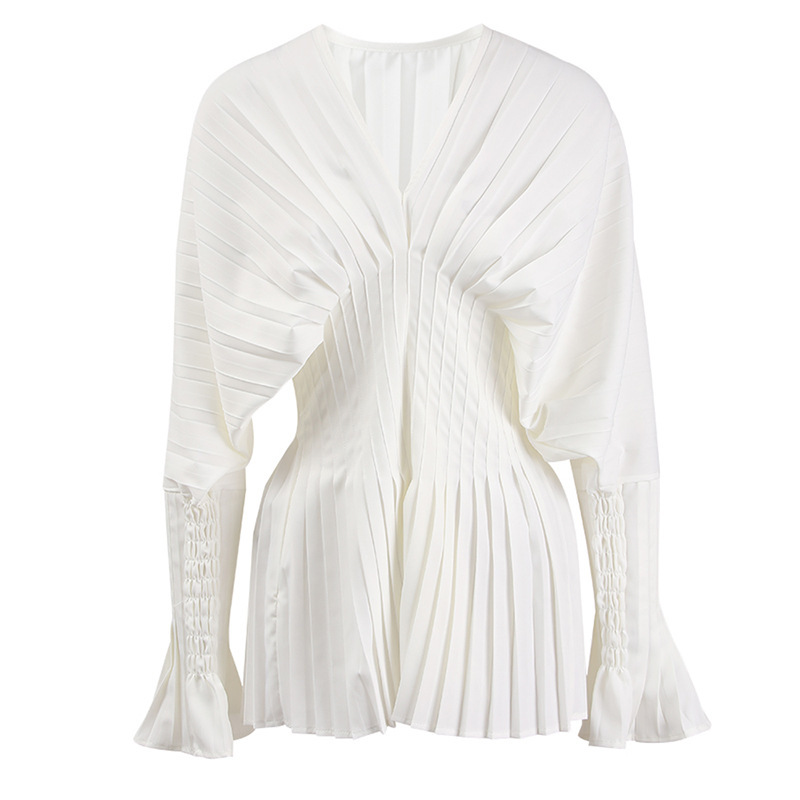 French Pleated Waist Profile White Shirt Women's Elegant V-Neck Trumpet Long Sleeve Mid-length Pullover Shirt Niche French Pleated Waist Profile White Shirt Women's Elegant V-Neck Trumpet Long Sleeve Mid-length Pullover Shirt Niche