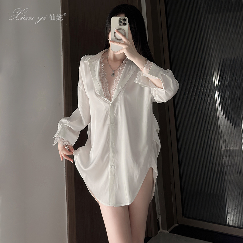 Xianyi Pajamas for Women Summer Deep V-Neck Long-Sleeved Shirt Boyfriend Style High-End Lace Home Wear Set Plus Size Women 436