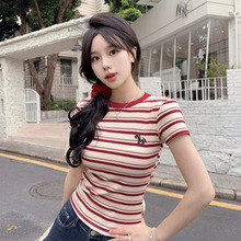 5018#夏季新款甜美风正肩条纹撞色短袖T恤女修身显瘦一体式带胸垫