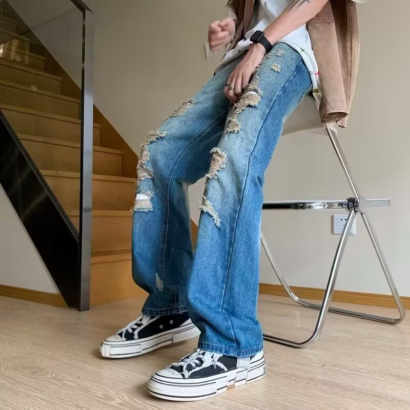 Men's Distressed Jeans Black to Gray Washed Straight-Leg Denim Pants High Street Grunge Style_mkmklike.com