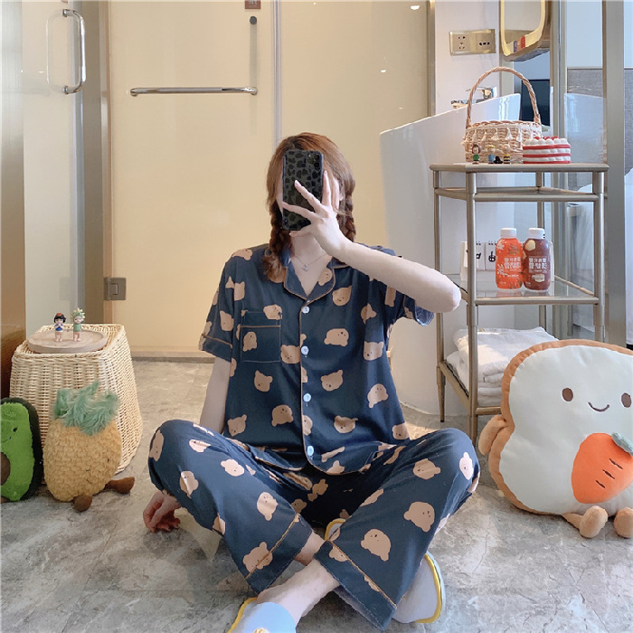 Pantalones de manga corta pijamas de las mujeres de verano estilo coreano ins cardigan leche traje de seda hogar ocio dibujos animados estudiante fuera image 26