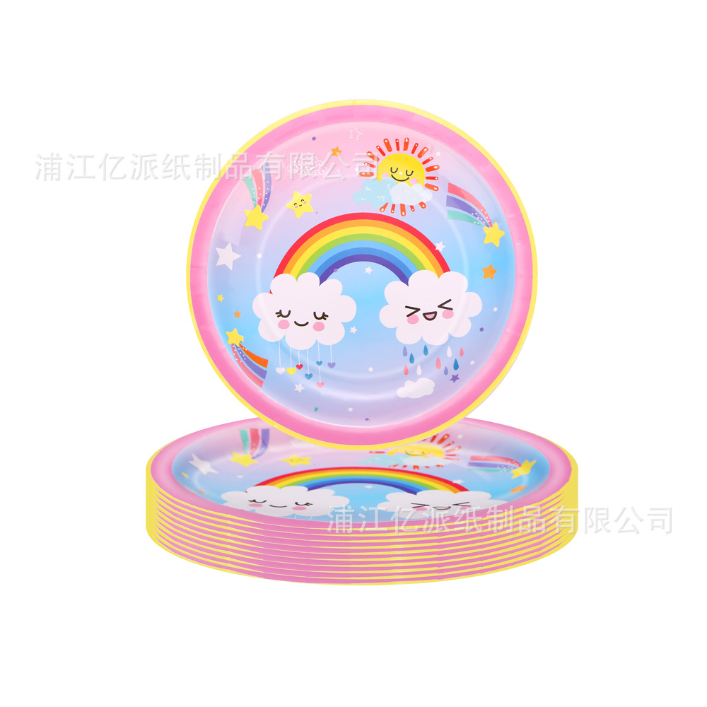 Arco iris rosa temático fiesta suministros set dibujos animados vasos de papel desechables bandejas de papel toallas cubiertos al por mayor