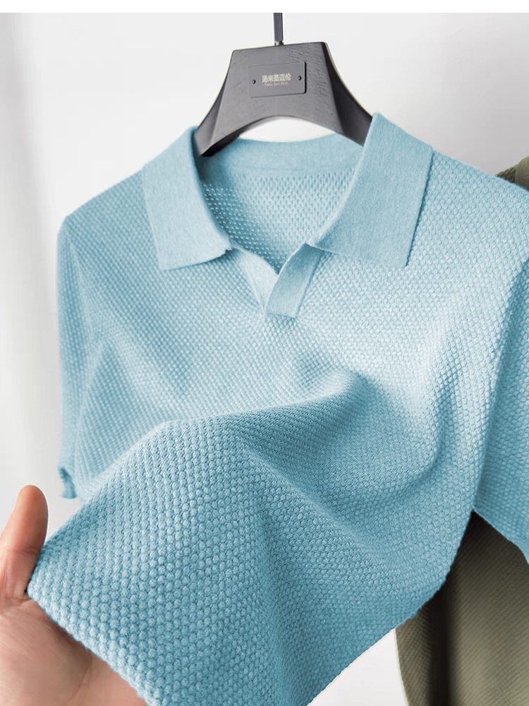 2025 primavera y verano nuevo estilo americano estilo perezoso suéter de punto ligero para hombre, camisa POLO de manga corta con solapa guapa