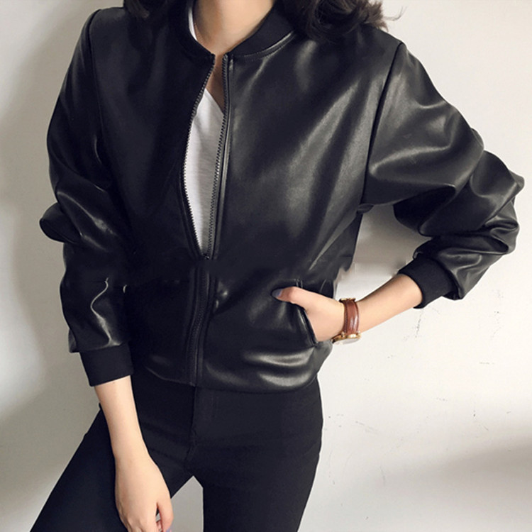 Spring and Autumn Korean New Style Elegant Pu Leather Short Baseball Jacket Loose Zipper Motorcycle Jacket Casual Top