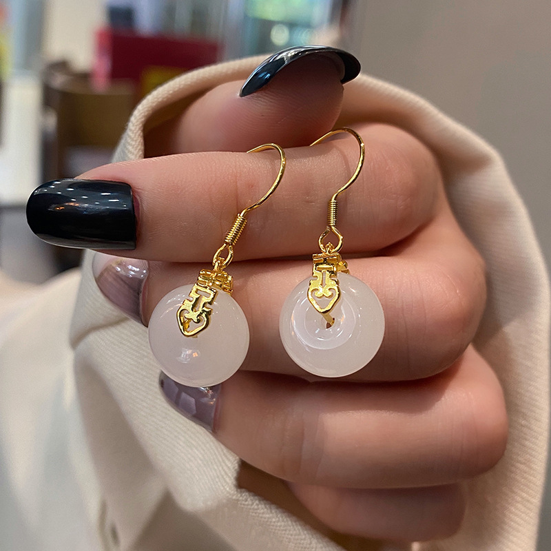 retro geometric round white chalcedony earrings