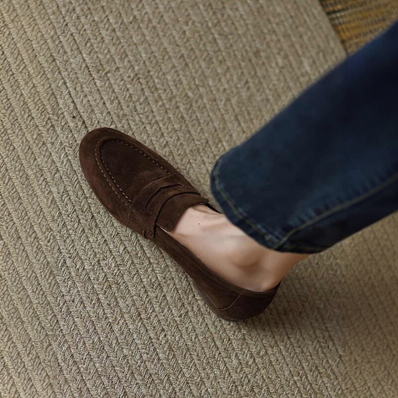 [in Stock] 978 Soft Leather Suede Loafers for Women Winter 2025 Spring and Autumn New Retro Round Toe British Style