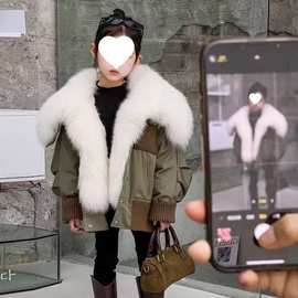儿童皮草派克服大狐狸毛领獭兔内胆可拆卸女童皮草大衣新款加厚潮