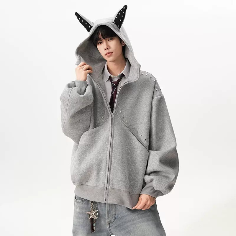 Spring and autumn men's space cotton hooded heavyweight cardigan sweatshirt, solid color versatile men's top, couple's spring and autumn short jacket