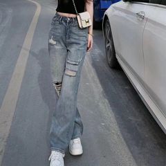 新款破洞牛仔阔腿裤女2025夏季新款宽松休闲百搭显瘦直筒高腰裤子
