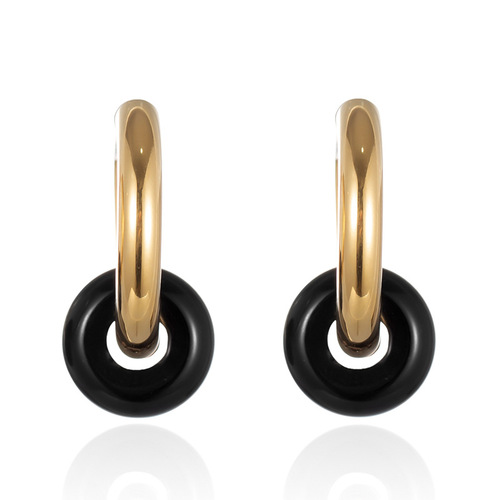 Circle malachite green natural stone titanium steel earrings plated with 14k real gold black stone ear buckle women's fashion simple earrings wholesale