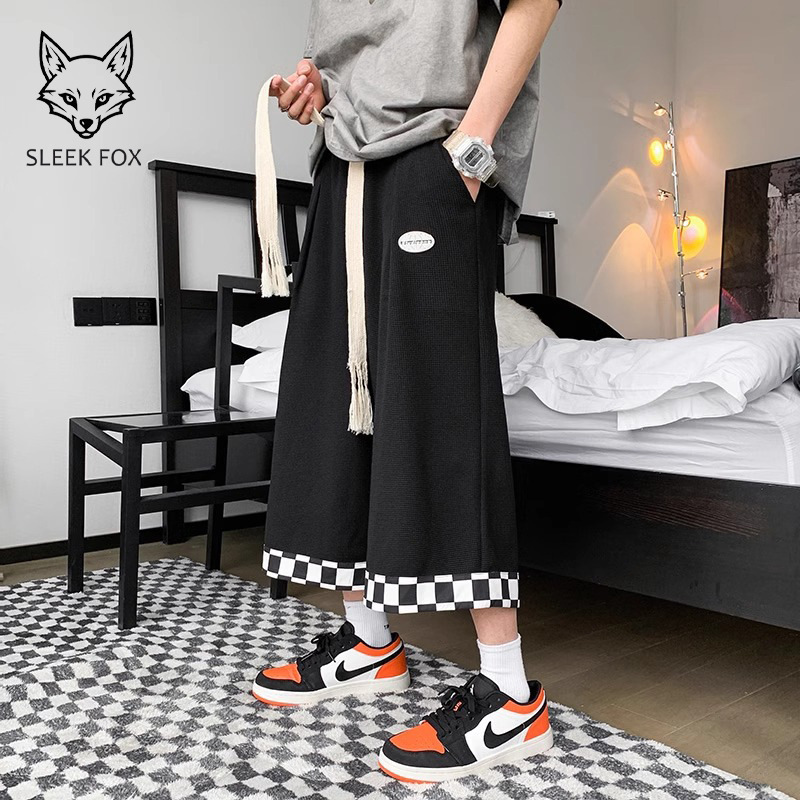 Summer Hip-Hop Cropped Pants for Men, Loose Wide-Leg Pants for Fat People, National Fashion Large Size Waffle American Style Cropped Pants Shorts