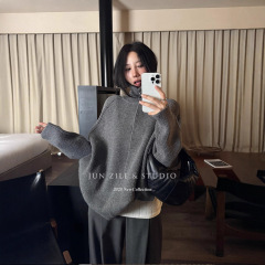 秋装女装高级感简约韩系灰色毛衣外套宽松显瘦高领拉链针织开衫